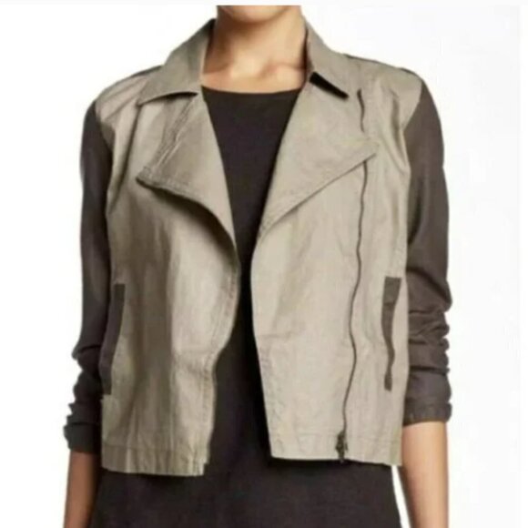 NWT Eileen Fisher Organic Coated Linen Moto Zip Jacket Stone S - Picture 1 of 11